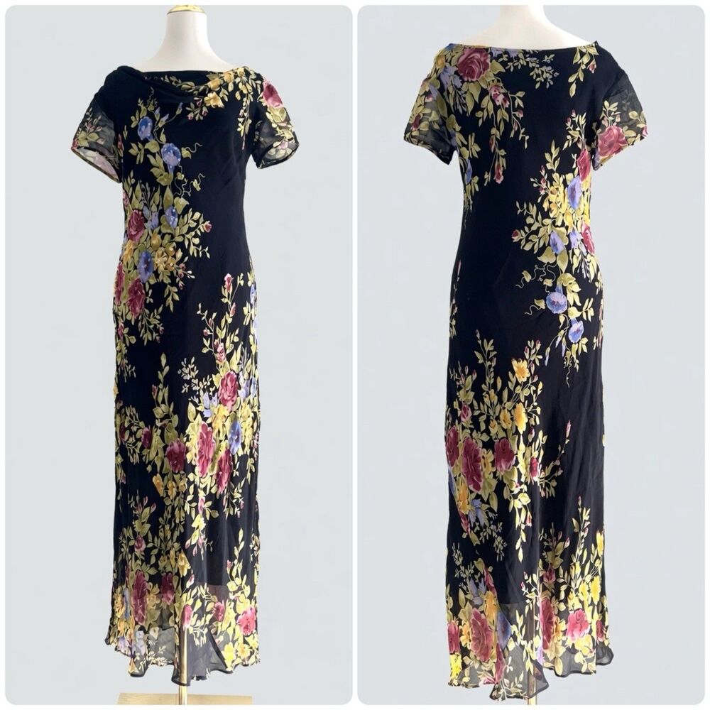 Vintage Paradise NY Black Floral Sequin Beaded Cowl Neck Maxi Dress Womens sz 8